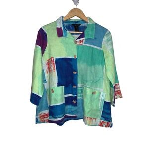 Ali Miles RARE Pattern 100% Linen Petite M Wearable‎ Art Blue Green